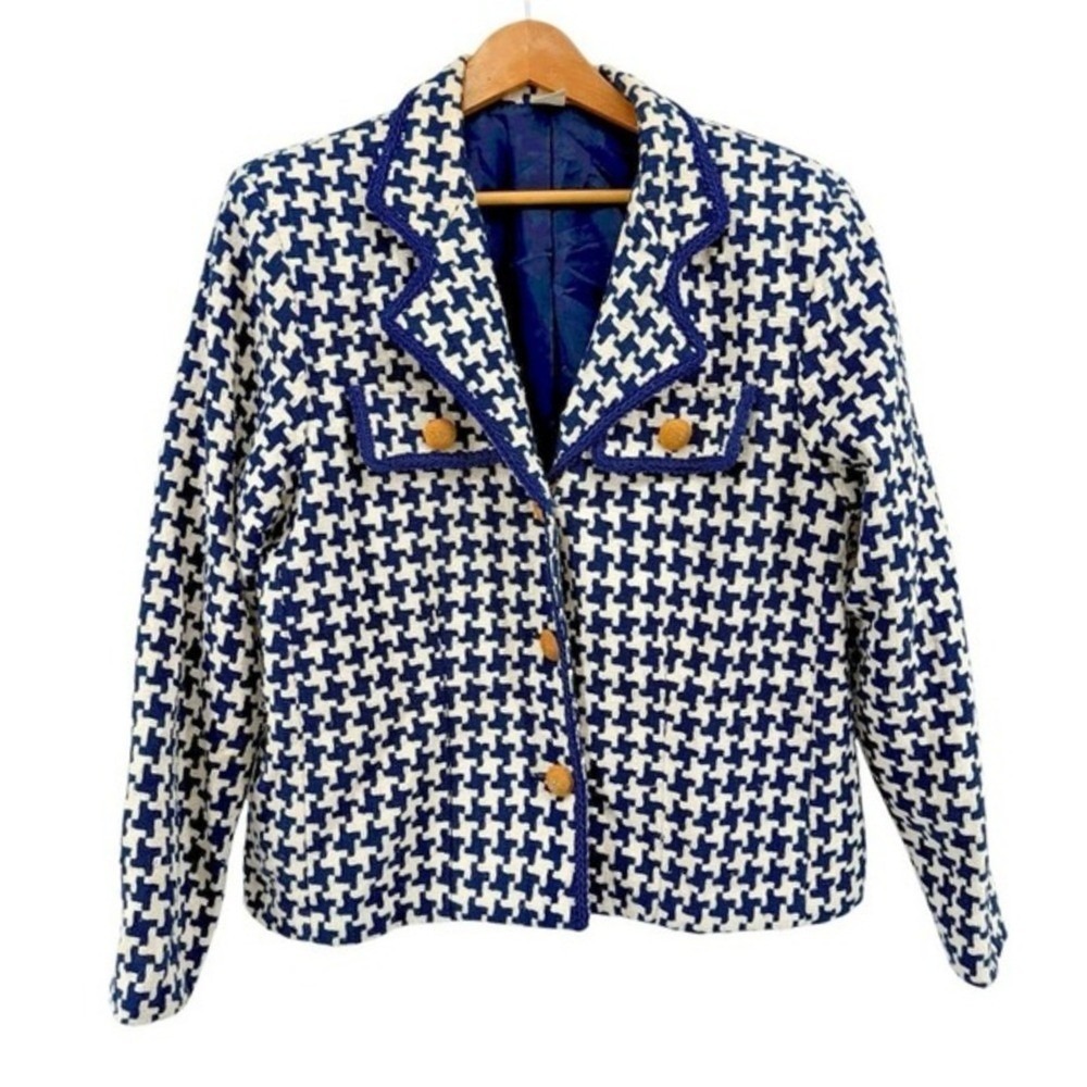 Vtg. Units Blazer Women M/L Jacket Blue White Houndstooth Silk Braided Trim USA